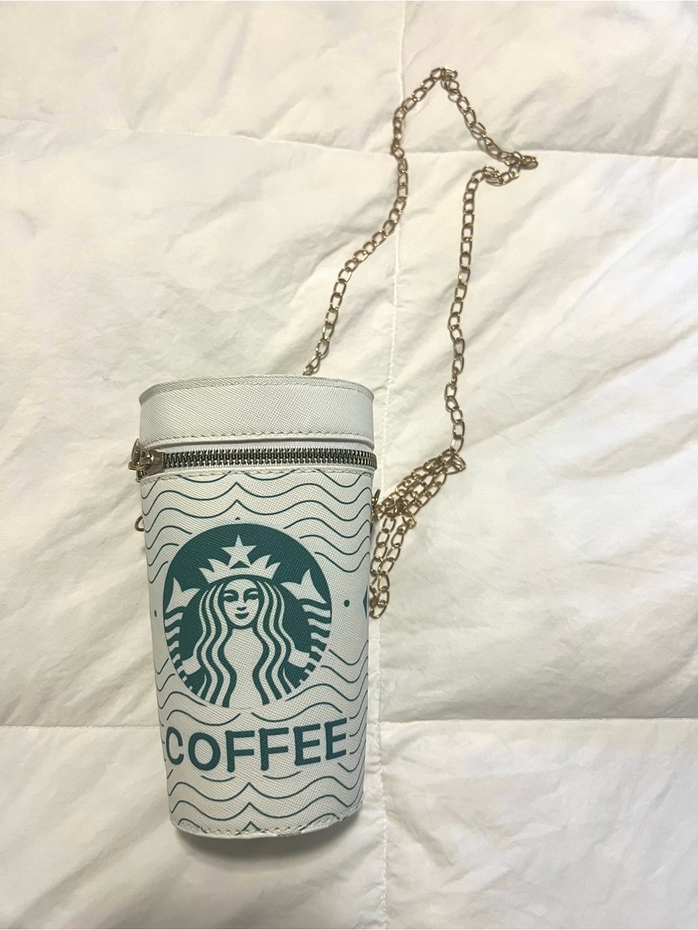 Starbucks White and Green Coffee Cup Crossbody with Gold Chain